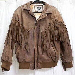 Vintage Fox Run Mens Brown Fringe Leather Jacket Distressed Western Boho Medium